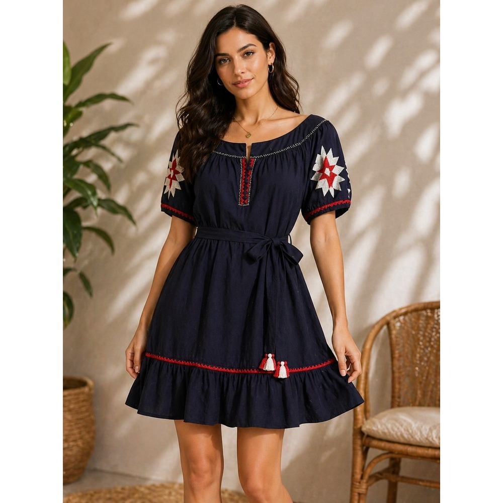 Tory Burch Alicia Dress Navy Sea Embroidered Cotton Mini Tassel Belt 8 NEW 38321